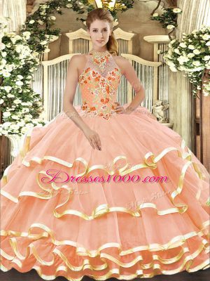Halter Top Sleeveless Lace Up Quince Ball Gowns Peach Organza
