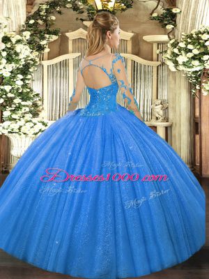 Decent Blue Long Sleeves Floor Length Lace Lace Up Quinceanera Dresses