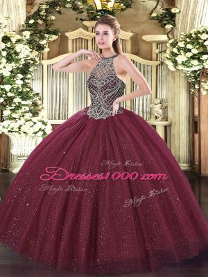 Burgundy Ball Gowns Beading Vestidos de Quinceanera Lace Up Tulle Sleeveless Floor Length