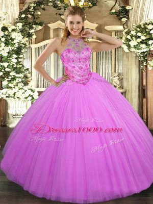 Super Lilac Tulle Lace Up Halter Top Sleeveless Floor Length Quinceanera Dress Beading