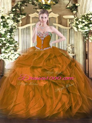 Sleeveless Organza Floor Length Lace Up Quinceanera Gowns in Brown with Beading and Ruffles