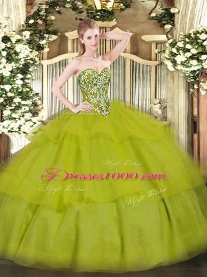 Fabulous Olive Green Sleeveless Floor Length Beading and Ruffled Layers Lace Up Vestidos de Quinceanera