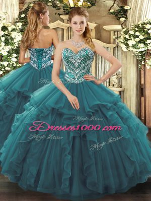 Turquoise Sleeveless Beading and Ruffles Floor Length Quinceanera Dresses