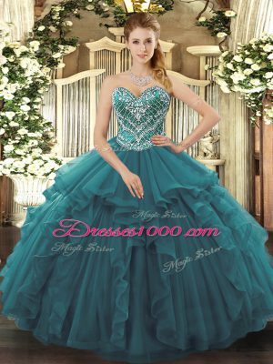Turquoise Sleeveless Beading and Ruffles Floor Length Quinceanera Dresses