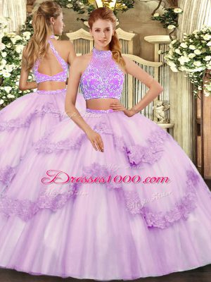 Lavender Two Pieces Tulle Sweetheart Sleeveless Beading and Lace and Ruffles Floor Length Criss Cross Quinceanera Dresses