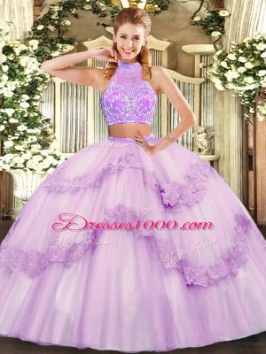 Lavender Two Pieces Tulle Sweetheart Sleeveless Beading and Lace and Ruffles Floor Length Criss Cross Quinceanera Dresses