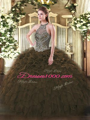 Floor Length Olive Green Ball Gown Prom Dress Halter Top Sleeveless Lace Up