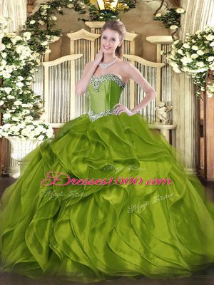 Fabulous Ball Gowns Quinceanera Gowns Olive Green Sweetheart Organza Sleeveless Floor Length Lace Up