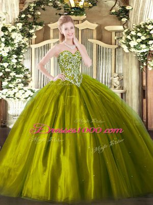 Fitting Beading Sweet 16 Dresses Olive Green Lace Up Sleeveless Floor Length