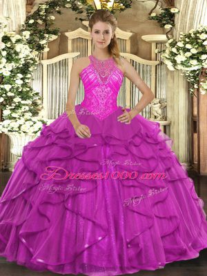 Clearance Fuchsia Organza Lace Up High-neck Sleeveless Floor Length Quinceanera Dress Beading and Ruffles