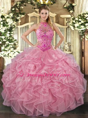 Floor Length Baby Pink Sweet 16 Quinceanera Dress Halter Top Sleeveless Lace Up