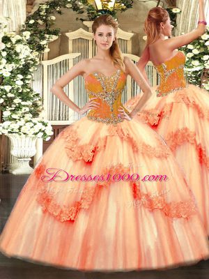 Wonderful Sleeveless Floor Length Beading Lace Up Sweet 16 Dresses with Peach
