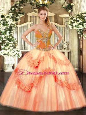 Wonderful Sleeveless Floor Length Beading Lace Up Sweet 16 Dresses with Peach