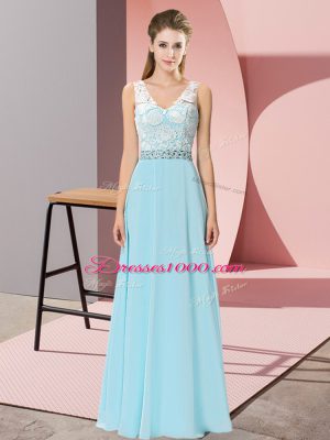 Elegant Aqua Blue Chiffon Backless V-neck Sleeveless Floor Length Beading
