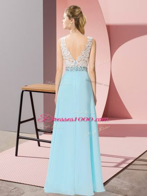 Elegant Aqua Blue Chiffon Backless V-neck Sleeveless Floor Length Beading