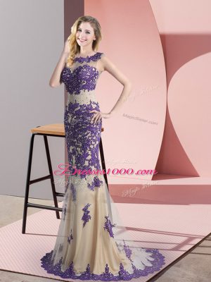 Modest Sleeveless Tulle Sweep Train Side Zipper Homecoming Dress in Champagne with Beading and Appliques