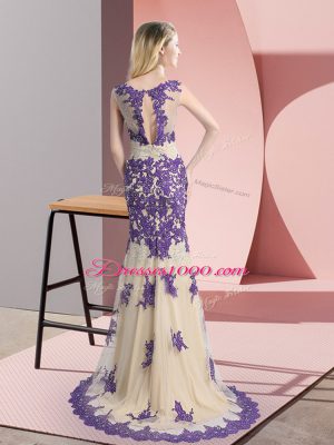 Modest Sleeveless Tulle Sweep Train Side Zipper Homecoming Dress in Champagne with Beading and Appliques