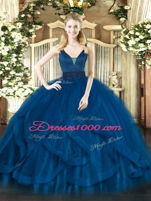 Fashion Royal Blue Sleeveless Beading and Ruffles Floor Length Quince Ball Gowns