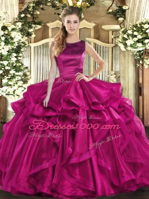 Fuchsia Ball Gowns Organza Scoop Sleeveless Ruffles Floor Length Lace Up Sweet 16 Dresses