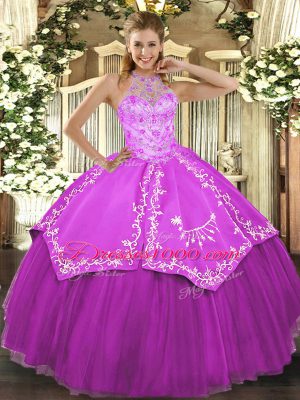 Comfortable Fuchsia Sleeveless Floor Length Beading and Embroidery Lace Up Vestidos de Quinceanera