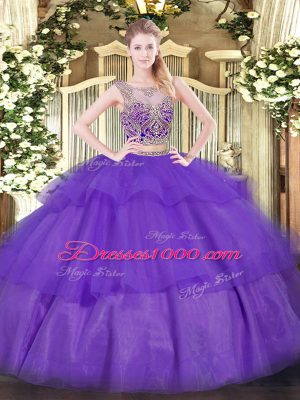 Glittering Purple Sweet 16 Quinceanera Dress Military Ball and Sweet 16 and Quinceanera with Beading and Ruffled Layers Scoop Sleeveless Lace Up