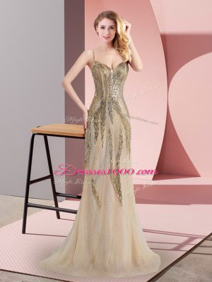 Glamorous Sleeveless Beading Side Zipper Custom Made with Champagne Sweep Train