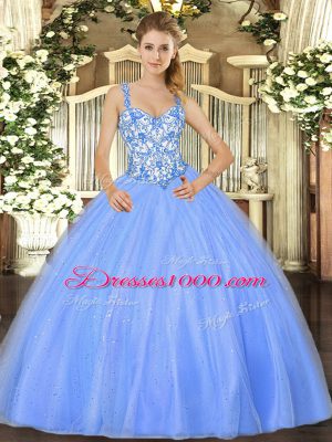 Top Selling Baby Blue Sleeveless Beading and Appliques Floor Length Quince Ball Gowns