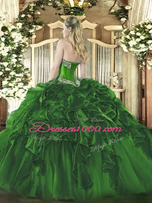 Flirting Olive Green Ball Gowns Sweetheart Sleeveless Organza Floor Length Lace Up Beading and Ruffles 15th Birthday Dress