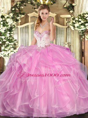 Sleeveless Organza Floor Length Lace Up Quinceanera Dress in Rose Pink with Beading and Ruffles