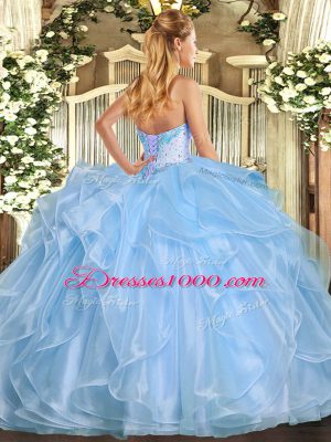 Sleeveless Organza Floor Length Lace Up Quinceanera Dress in Rose Pink with Beading and Ruffles