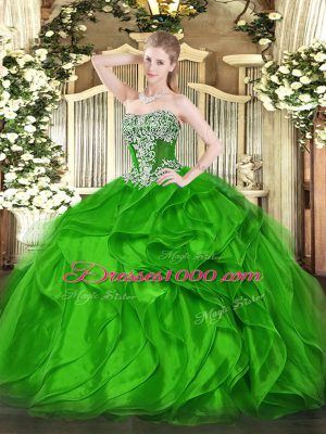 Ideal Ball Gowns Strapless Sleeveless Organza Floor Length Lace Up Beading and Ruffles Quinceanera Gowns