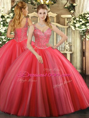 Ball Gowns 15th Birthday Dress Coral Red V-neck Tulle Sleeveless Floor Length Lace Up