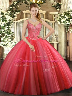 Ball Gowns 15th Birthday Dress Coral Red V-neck Tulle Sleeveless Floor Length Lace Up