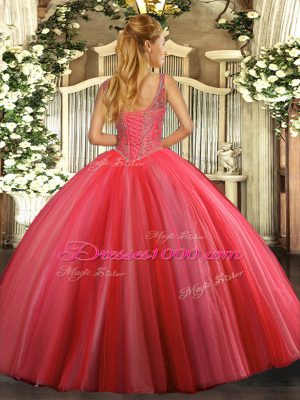 Ball Gowns 15th Birthday Dress Coral Red V-neck Tulle Sleeveless Floor Length Lace Up