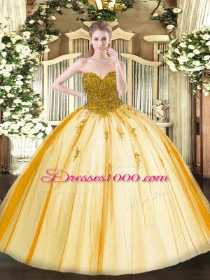 Gold Ball Gowns Sweetheart Sleeveless Tulle Floor Length Lace Up Beading Sweet 16 Quinceanera Dress