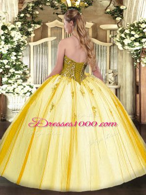 Gold Ball Gowns Sweetheart Sleeveless Tulle Floor Length Lace Up Beading Sweet 16 Quinceanera Dress