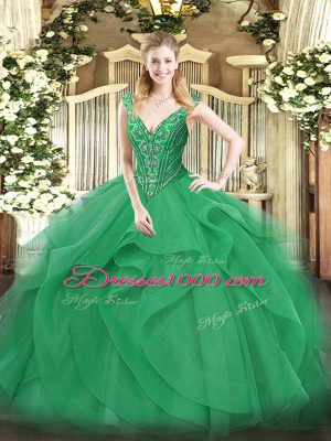 V-neck Sleeveless Tulle Quinceanera Dresses Beading and Ruffles Lace Up