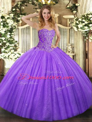 Trendy Floor Length Lace Up 15 Quinceanera Dress Lavender for Military Ball and Sweet 16 and Quinceanera with Beading