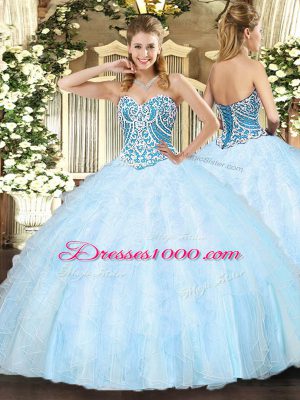 Light Blue Ball Gowns Beading and Ruffles Quinceanera Dress Lace Up Tulle Sleeveless Floor Length