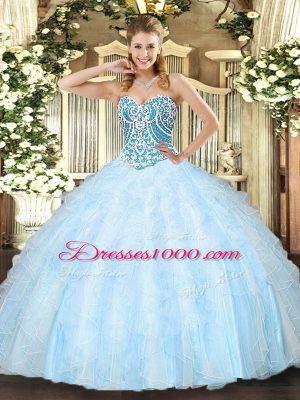 Light Blue Ball Gowns Beading and Ruffles Quinceanera Dress Lace Up Tulle Sleeveless Floor Length