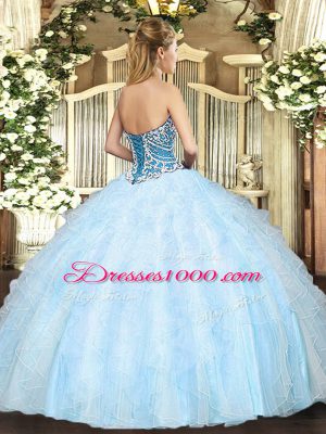 Light Blue Ball Gowns Beading and Ruffles Quinceanera Dress Lace Up Tulle Sleeveless Floor Length