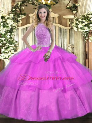 Perfect Floor Length Lilac 15 Quinceanera Dress Tulle Sleeveless Beading and Ruffled Layers