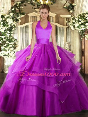 Sleeveless Floor Length Ruffled Layers Lace Up Quinceanera Gowns with Fuchsia