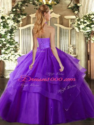 Sleeveless Floor Length Ruffled Layers Lace Up Quinceanera Gowns with Fuchsia
