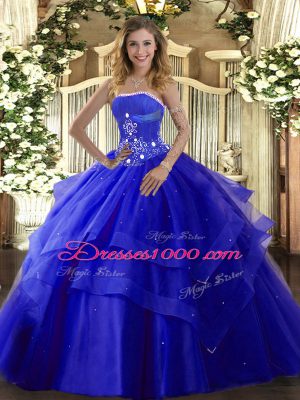 Fashion Sleeveless Tulle Floor Length Lace Up Sweet 16 Dresses in Royal Blue with Beading and Ruffled Layers