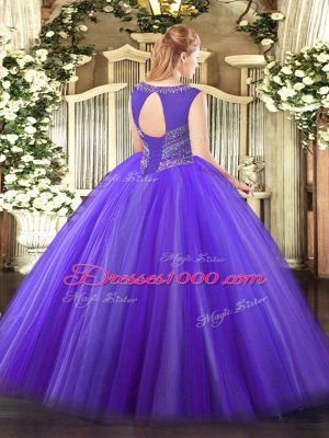 Scoop Sleeveless Tulle Ball Gown Prom Dress Beading Lace Up