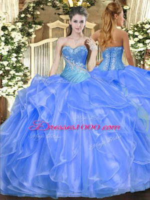 Noble Sweetheart Sleeveless Quinceanera Dresses Floor Length Beading and Ruffles Baby Blue Organza