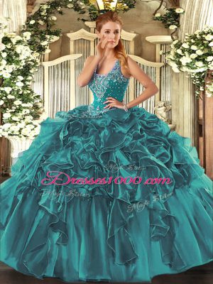 Teal Sleeveless Floor Length Beading and Ruffles Lace Up Quinceanera Dresses