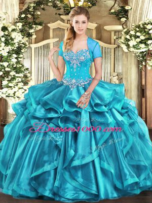Pretty Aqua Blue Lace Up Quince Ball Gowns Beading and Ruffles Sleeveless Floor Length