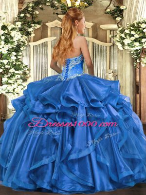 Pretty Aqua Blue Lace Up Quince Ball Gowns Beading and Ruffles Sleeveless Floor Length